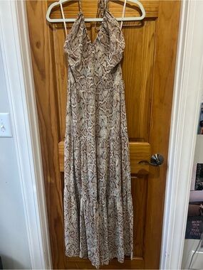 Beautiful Neutral Snake-Print Halter Maxi Dress